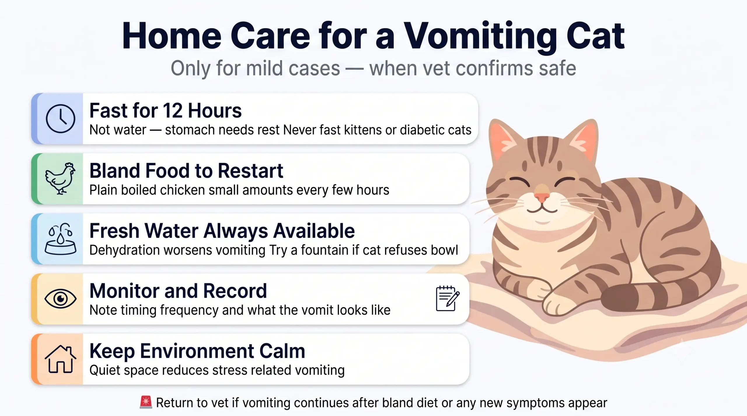 Home care for a cat throwing up — bland food water rest and monitoring