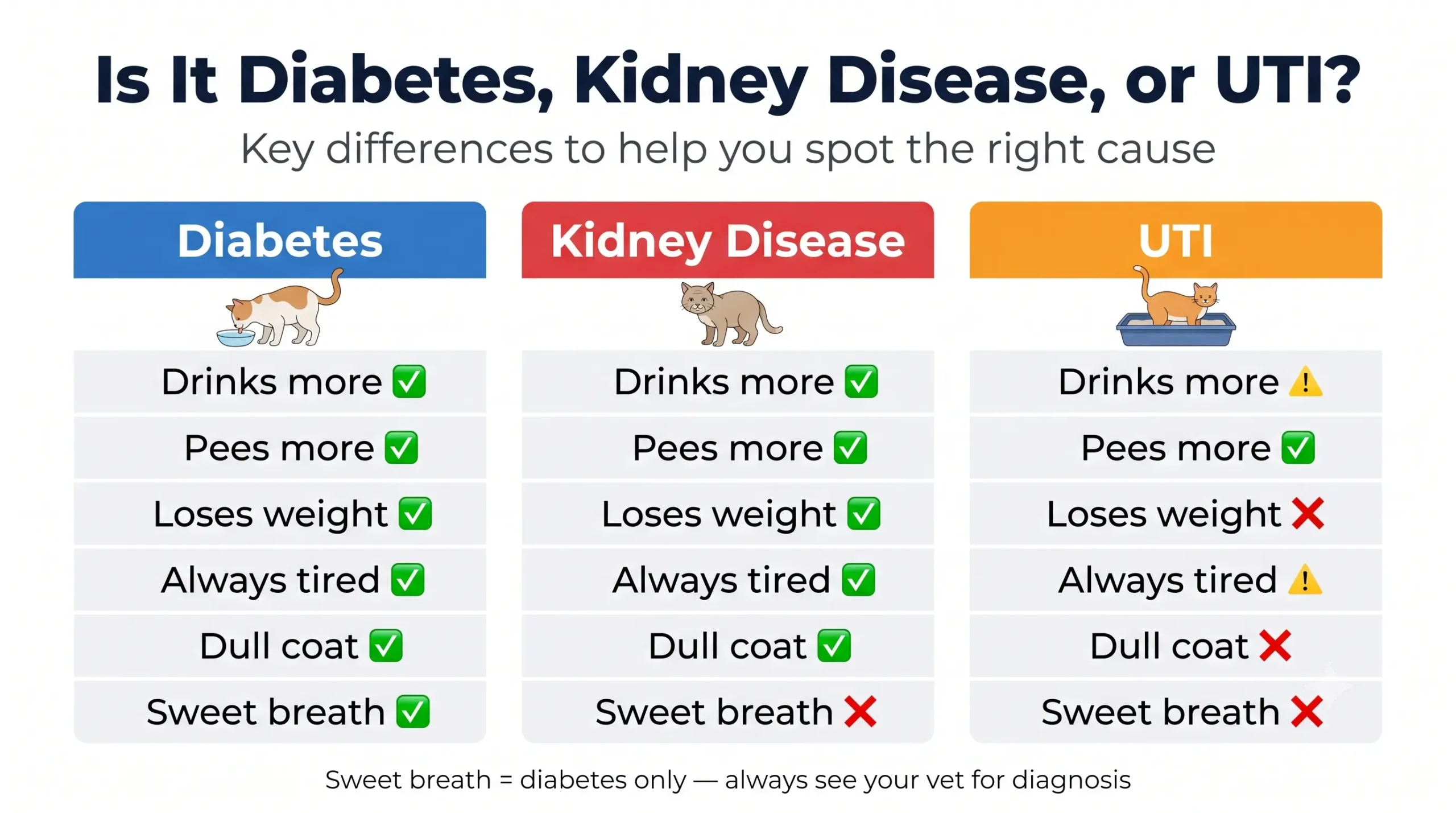 Diabetic cat signs vs kidney disease vs UTI — comparison guide