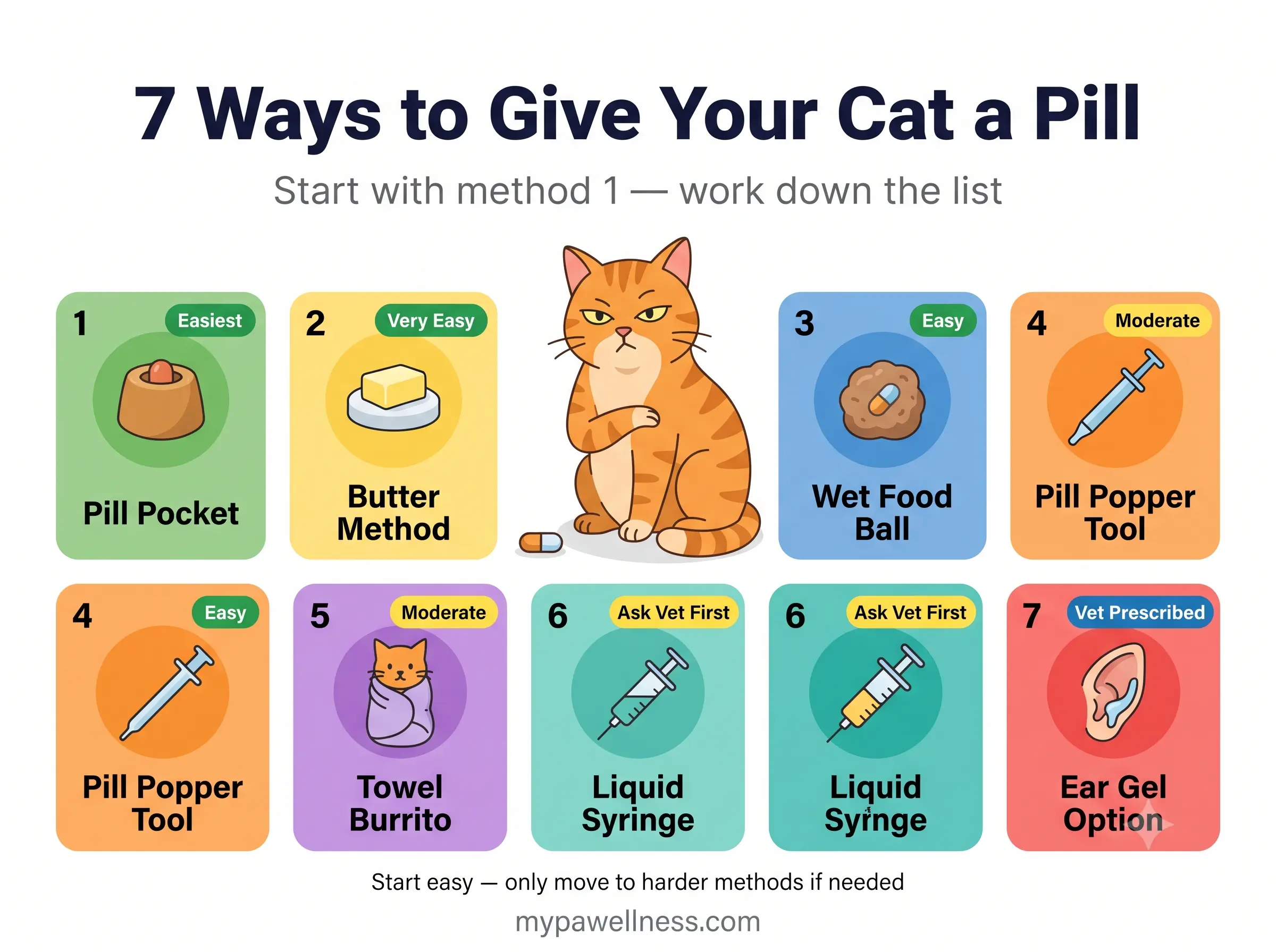 7 ways to give your cat a pill — methods comparison infographic