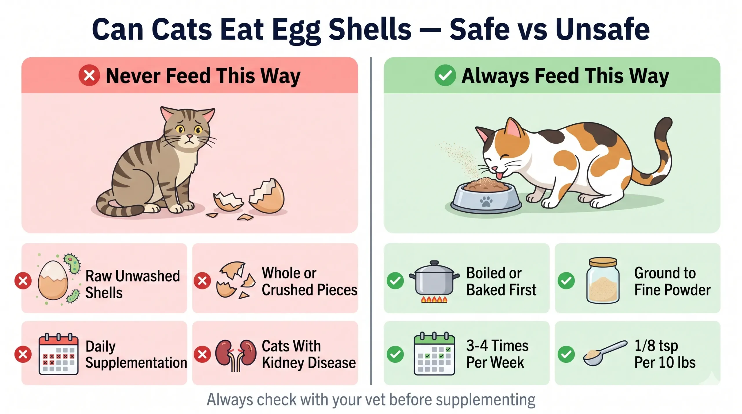 Can cats eat egg shells — safe vs unsafe preparation infographic