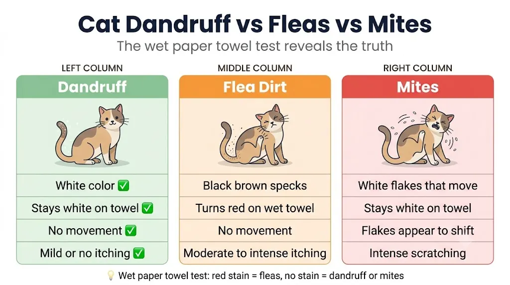 Cat dandruff vs fleas vs mites — visual comparison infographic