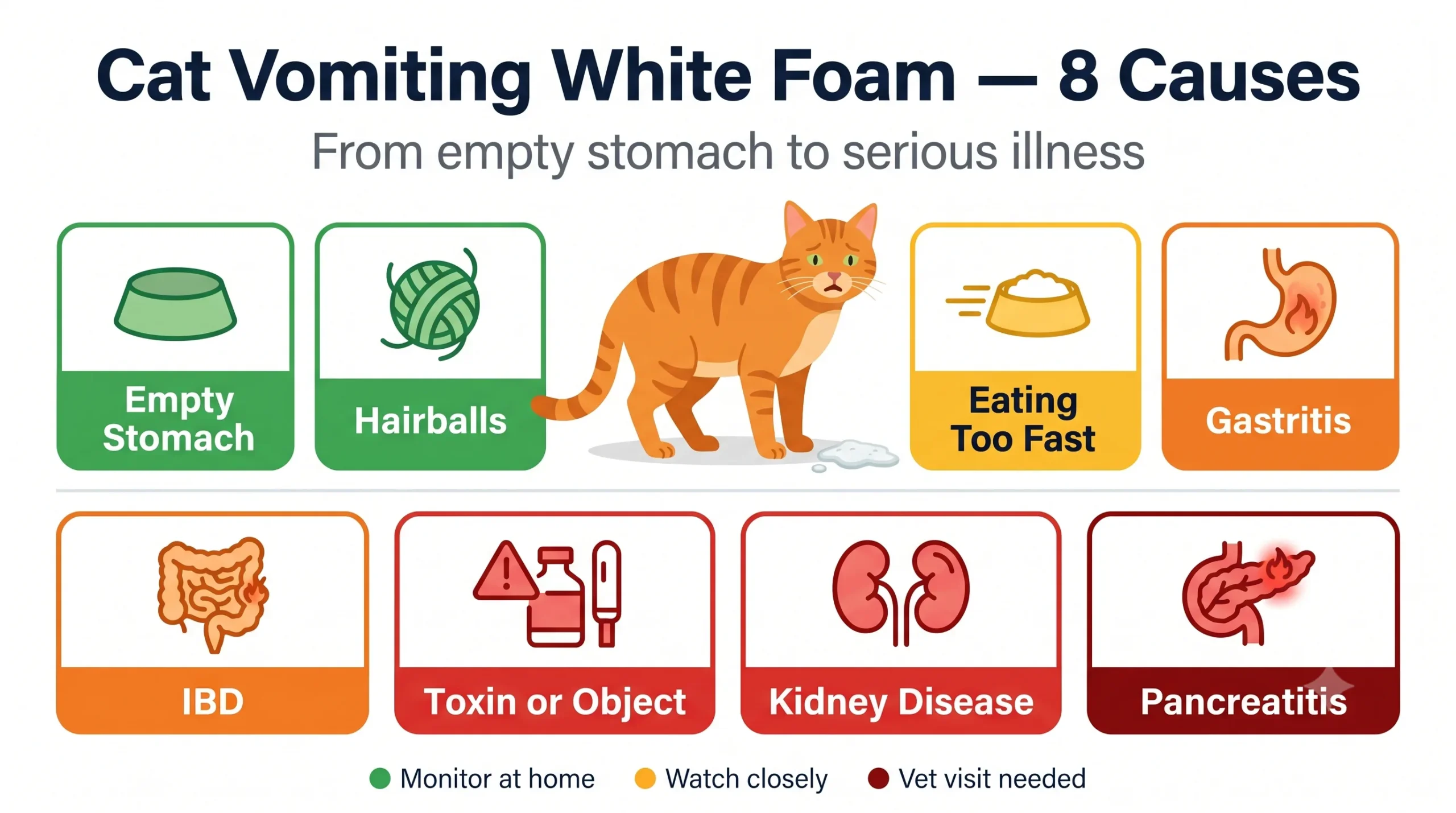 Cat vomiting white foam — 8 causes infographic