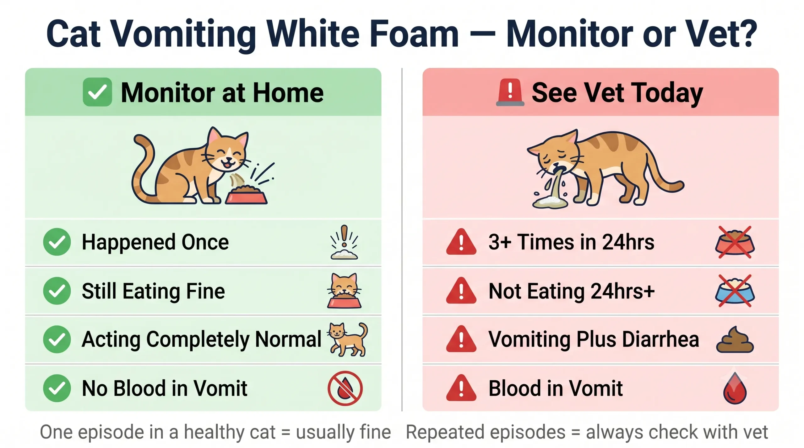 Cat vomiting white foam — monitor at home or see the vet decision guide