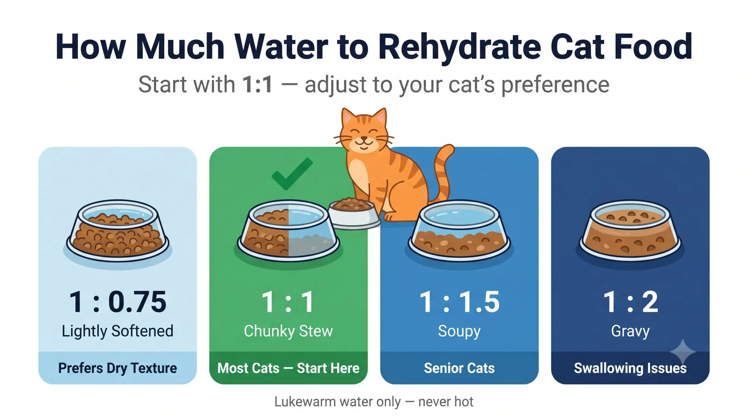 How much water to rehydrate dried cat food — ratio guide infographic