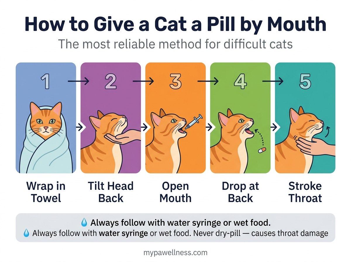 How to give a cat a pill by mouth — step by step infographic