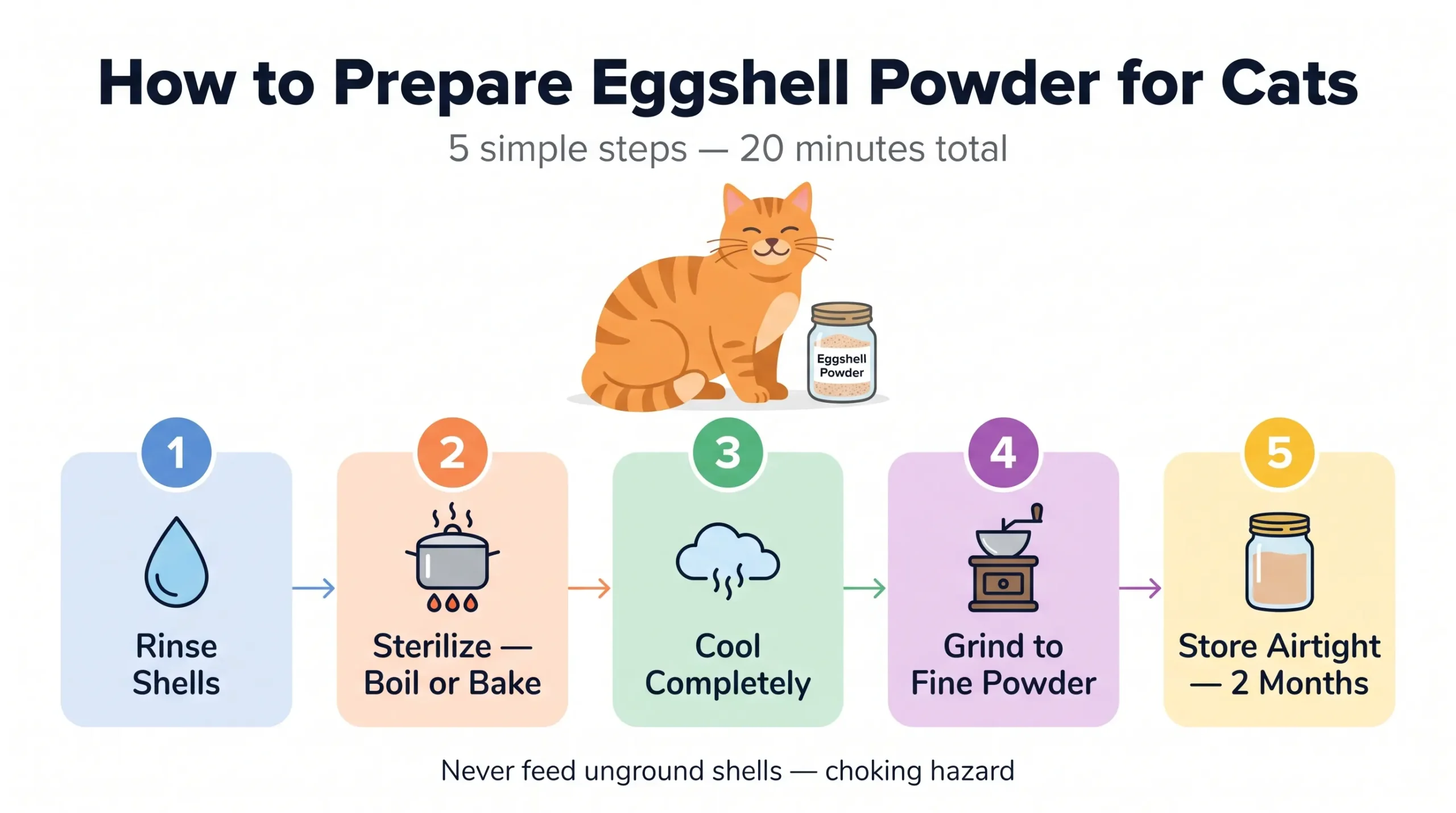 How to prepare eggshell powder for cats — step by step infographic