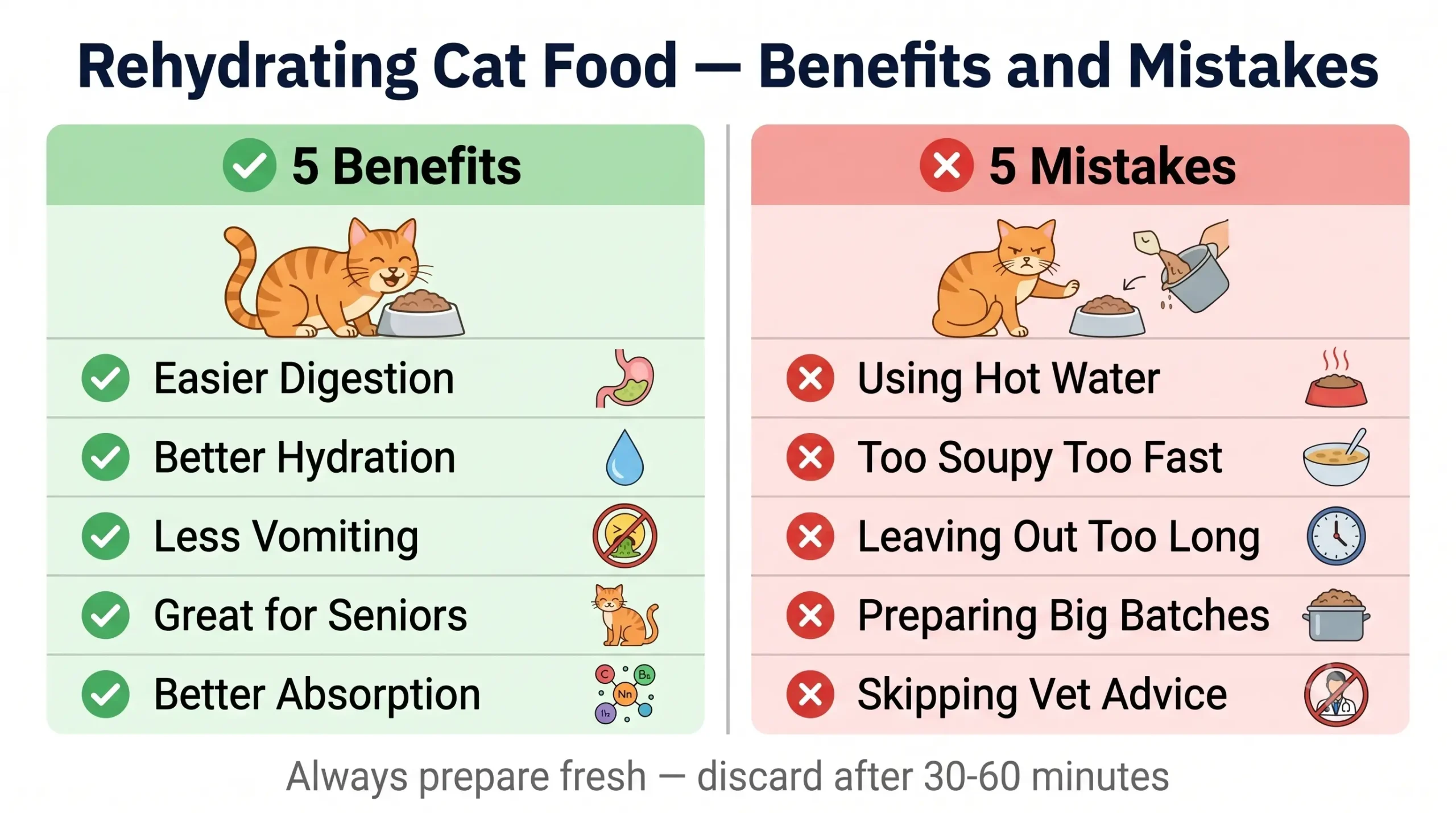 Rehydrating cat food — benefits and common mistakes infographic