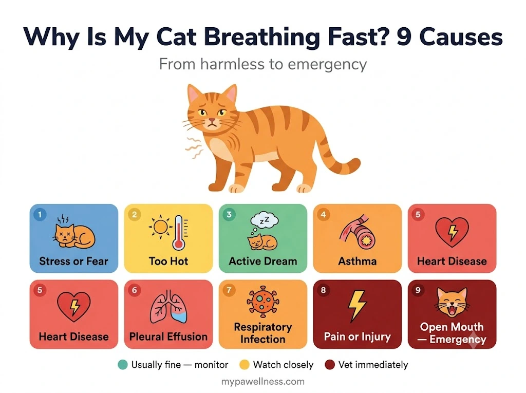 Why is my cat breathing fast — 9 causes infographic