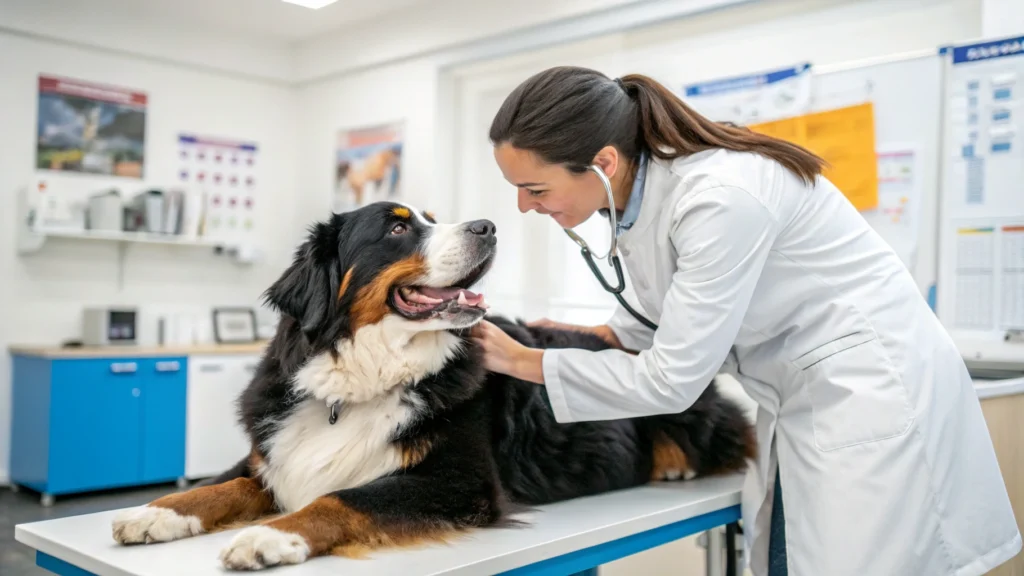 Veterinarian examining a Bernese Mountain Dog during a routine health screening