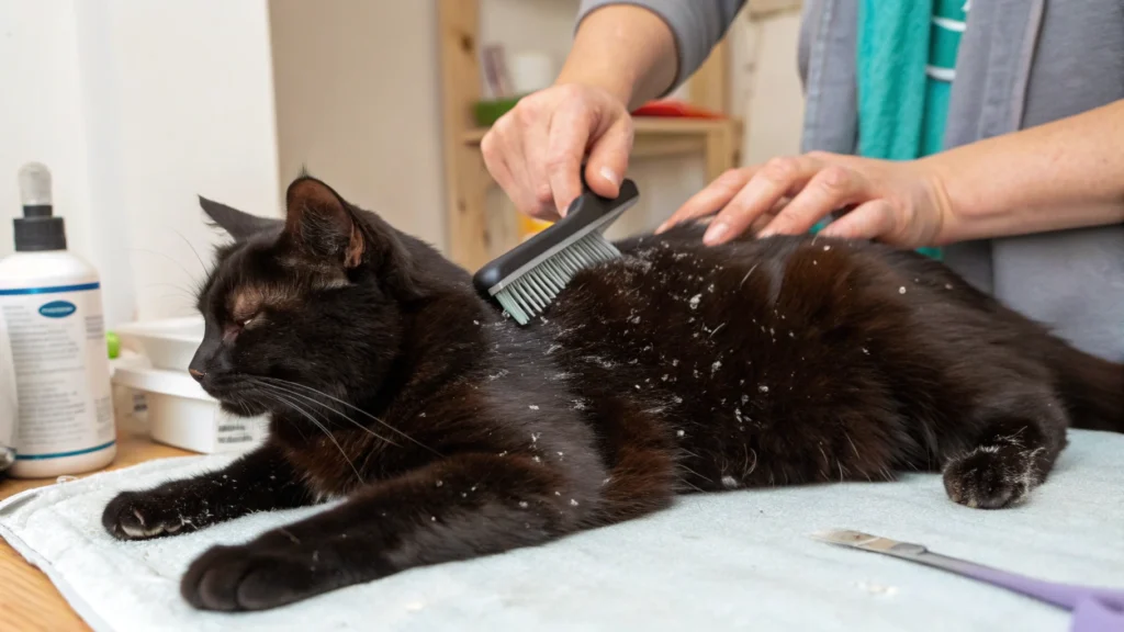 How to treat dandruff on cat's back near tail by brushing gently with a soft brush