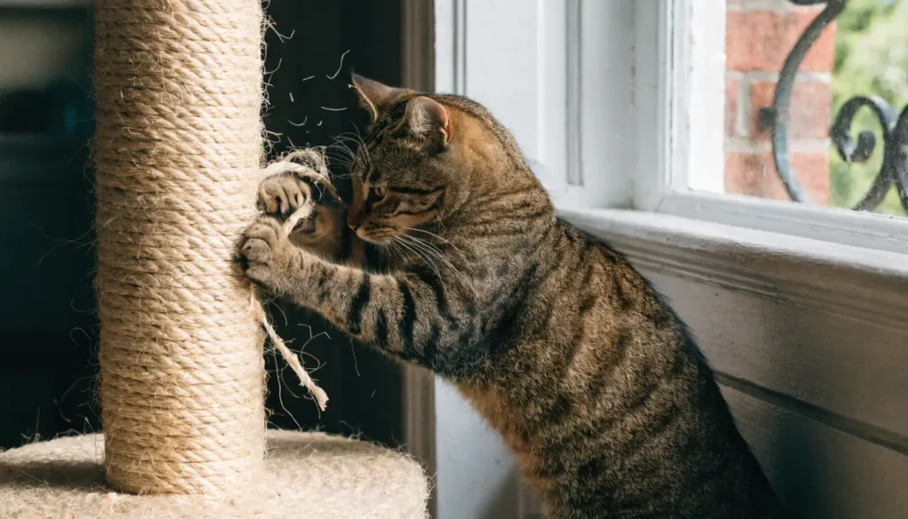 cat using sisal scratching post instead of furniture