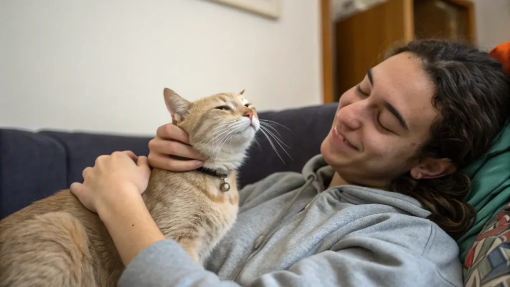 cat enjoying gentle petting under chin without biting