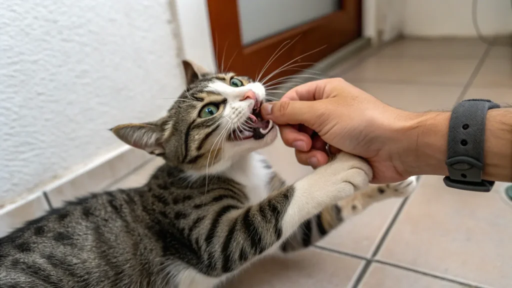 why does my cat bite me when i pet him - cat biting hand