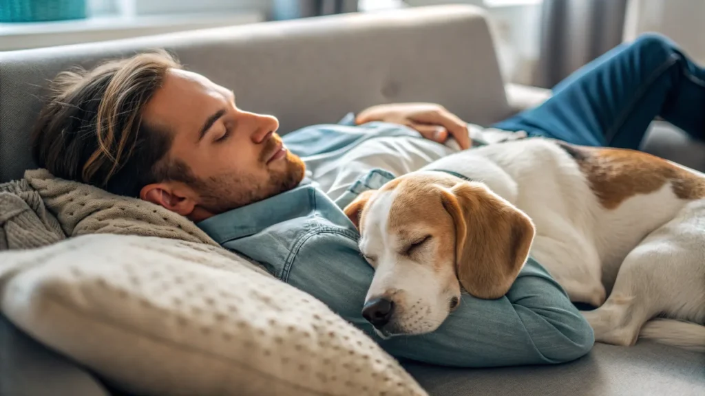 dog sleeping peacefully next to owner - is it normal for dogs to bark in their sleep