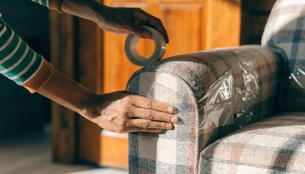 applying cat scratch furniture protector to sofa