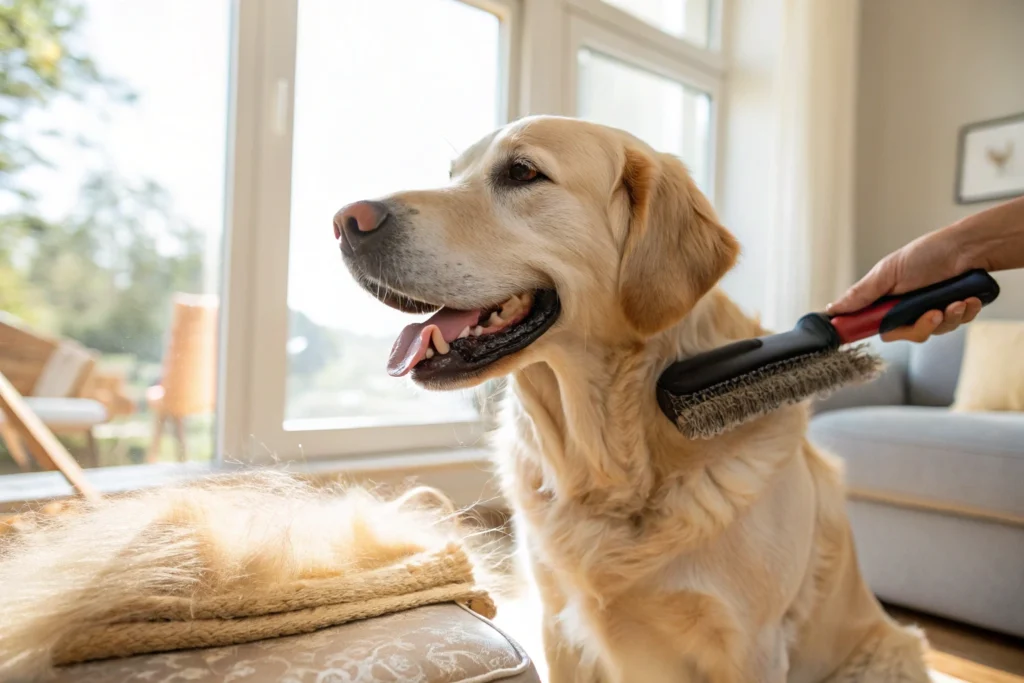 how to stop dog shedding : Use Proper deshedding tool removing undercoat from dog