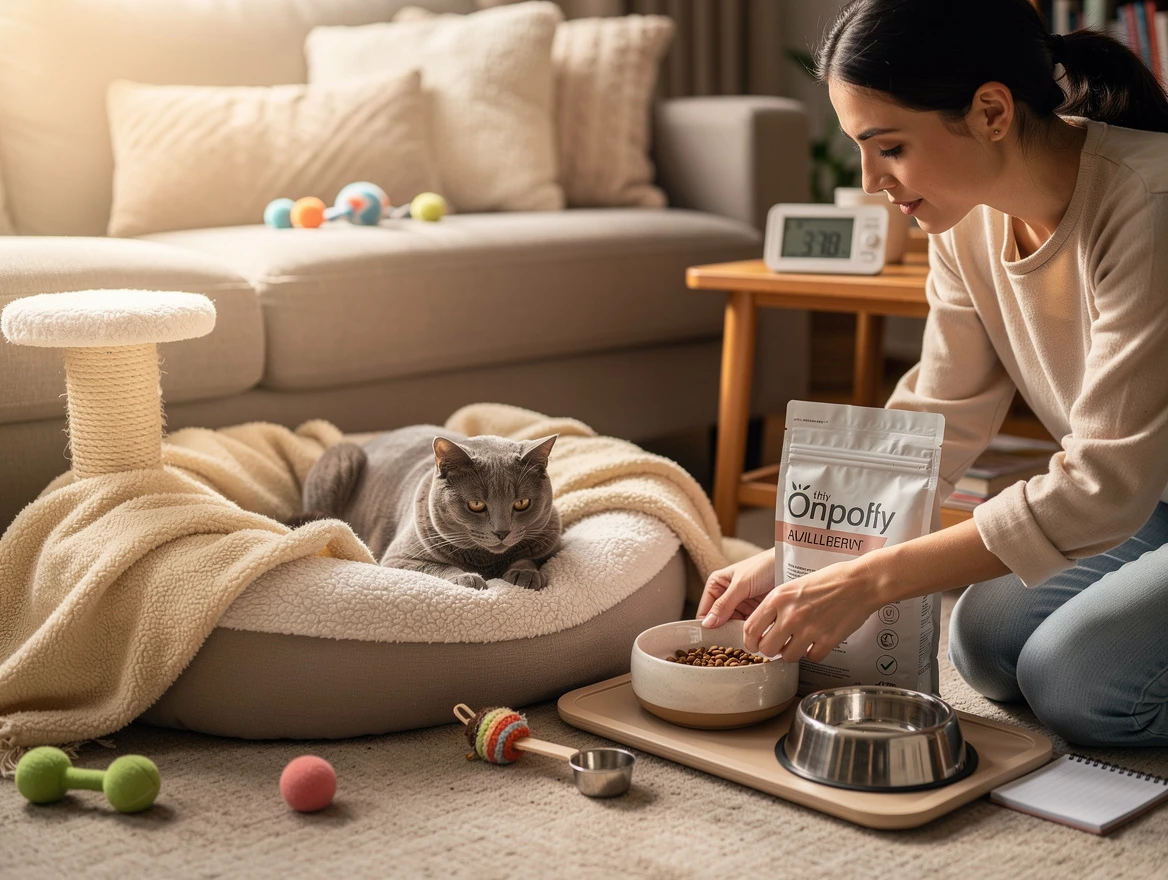 Cat resting in a quiet home corner with blankets and toys while family member monitors food and water