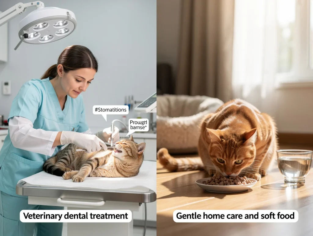 A comparative visual illustration showing a vet performing dental cleaning on one side and a happy cat eating soft food at home on the other