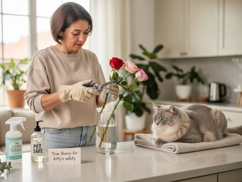 A responsible cat owner trimming rose thorns carefully while a relaxed indoor cat watches nearby
Are Roses Toxic to Cats?