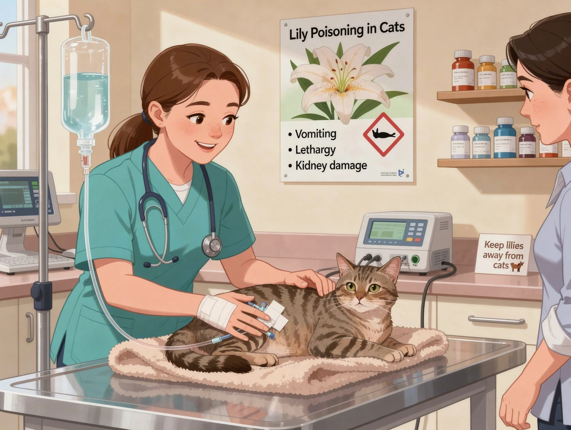 Veterinarian administering IV fluids to a calm cat in clinic for lily poisoning treatment
