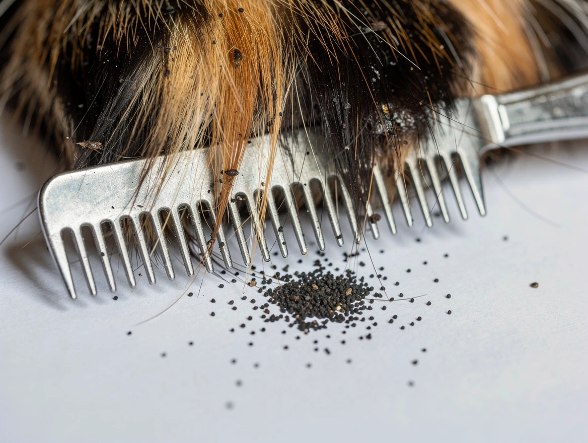 Close-up of cat fur showing flea dirt black specks on white paper confirming flea infestation