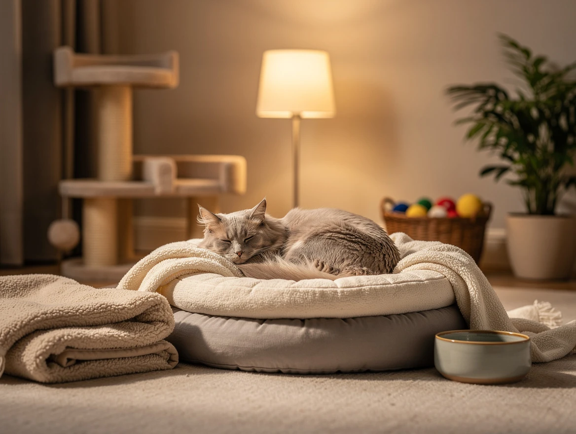 Why does my cat twitch in his sleep - cozy cat nap zone with soft blankets and quiet lighting to reduce sleep twitching.