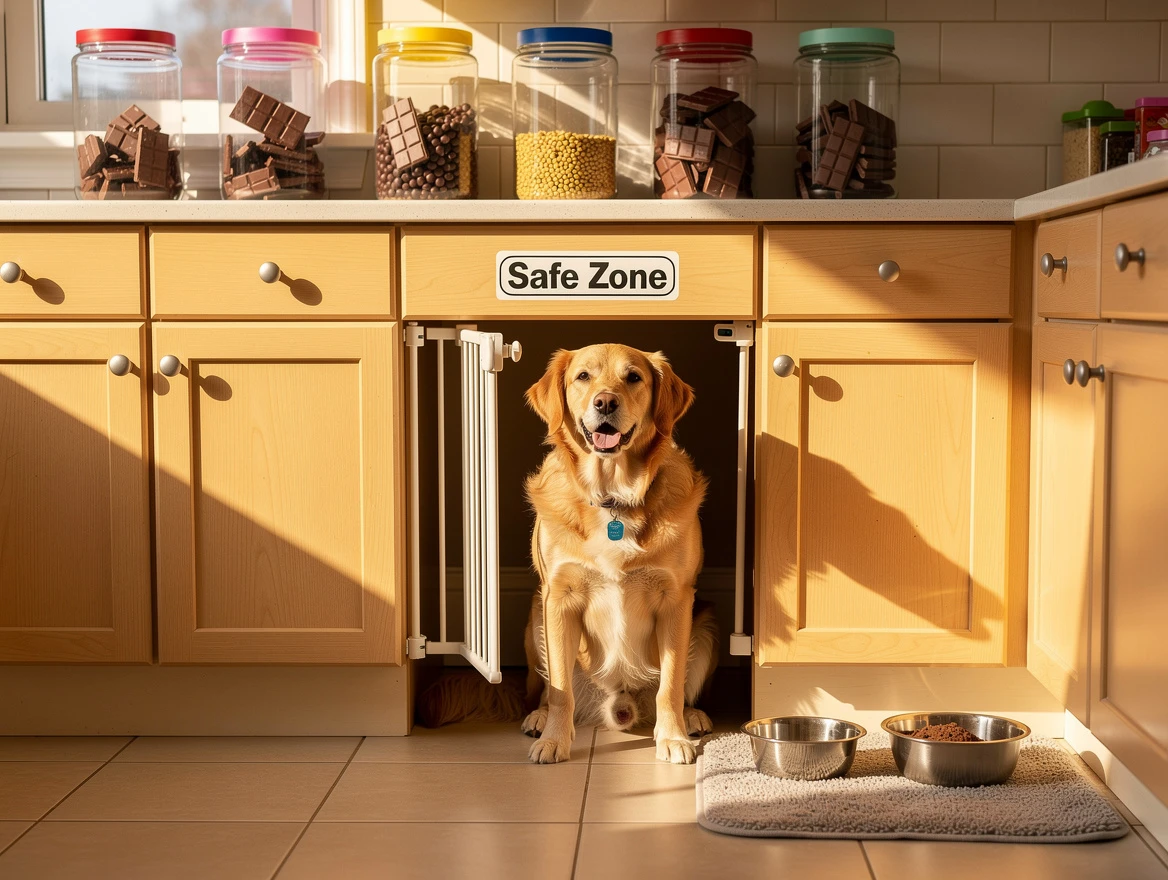 Family kitchen with dog safely locked away from chocolate treats in childproof cabinet