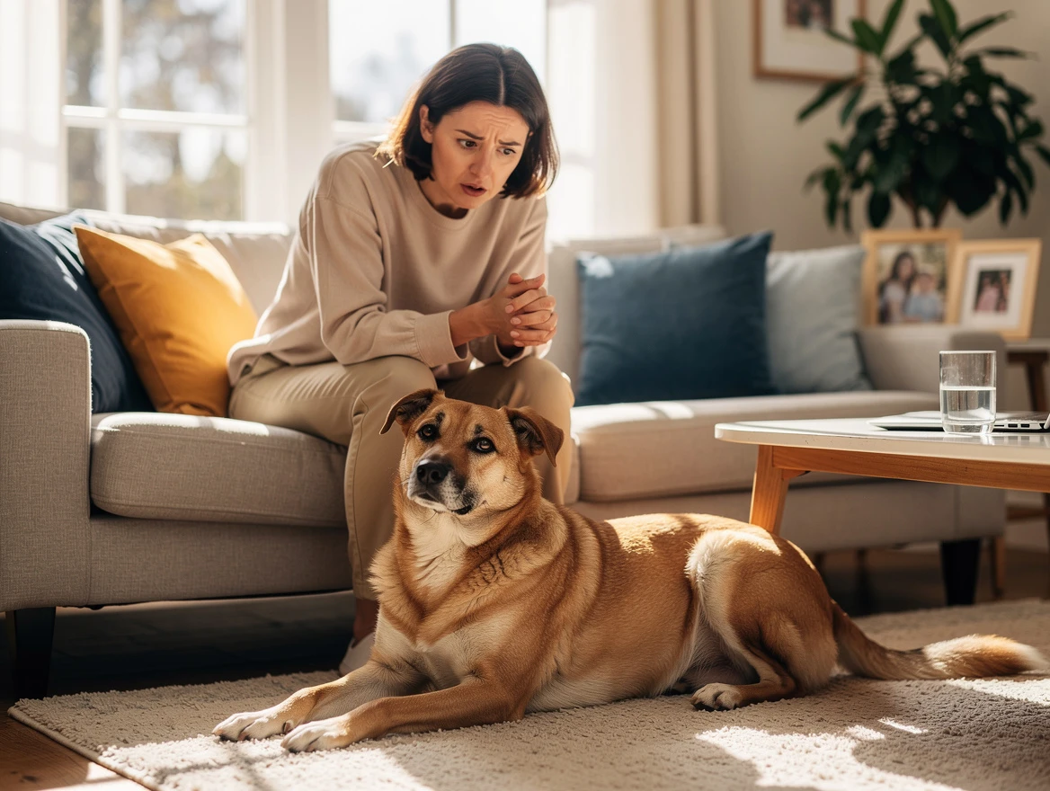 Concerned dog owner monitoring dog at home in cozy family living room