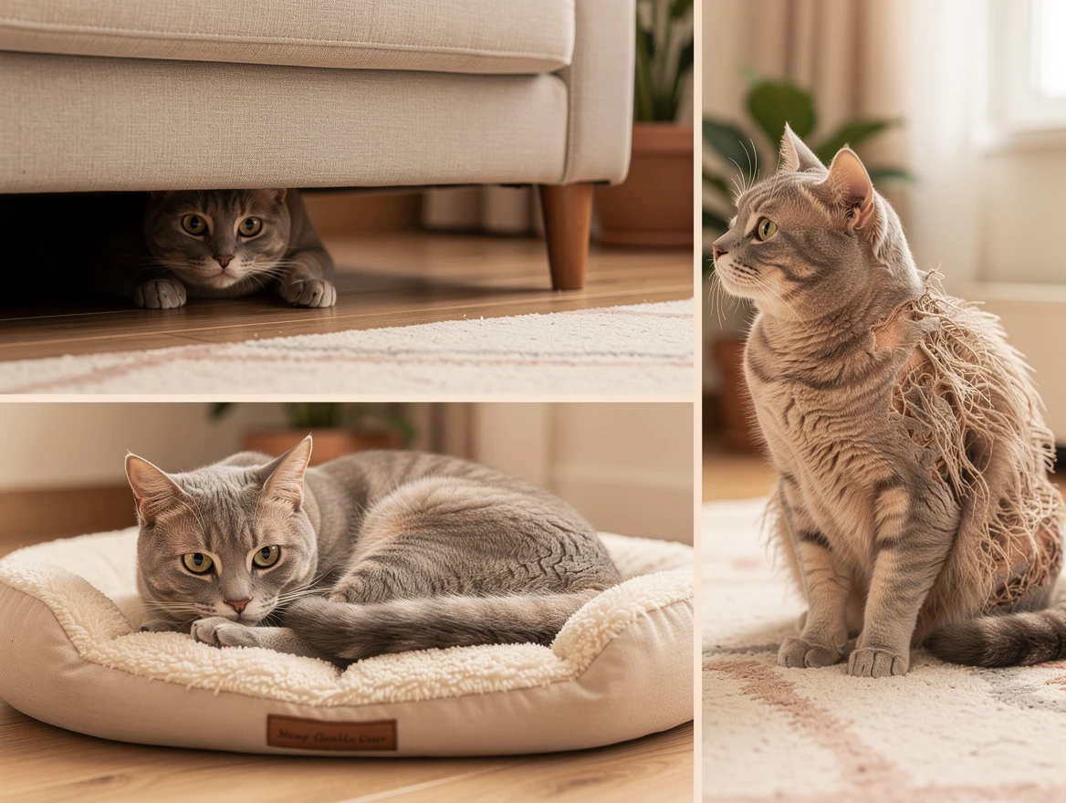 Is my cat depressed - infographic showing a cat exhibiting signs of cat depression including hiding, low energy posture, and reduced grooming.