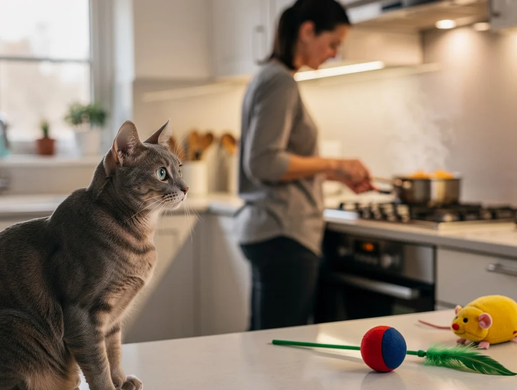 A curious cat intently watching a person cooking in the kitchen, ears perked and eyes wide open, with colorful toys visible nearby to suggest engagement and playfulness.