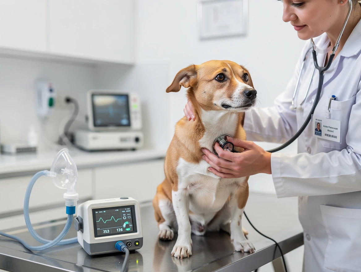 Professional veterinary clinic scene with a small dog being examined by a caring vet using a stethoscope