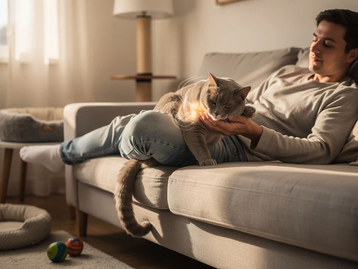 Why does my cat sleep on me - a cat marking its owner by rubbing its cheek while resting.