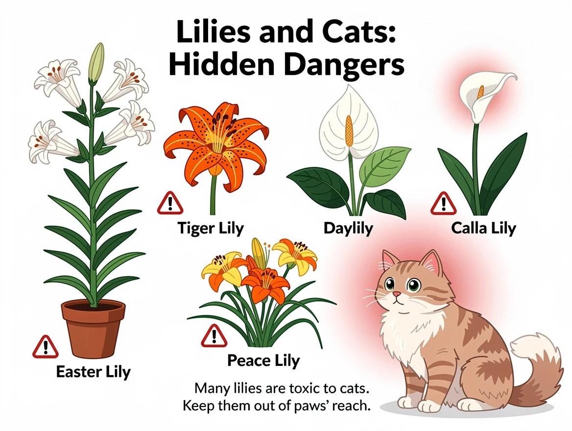 Beautiful but toxic lily plant with flowers petals and pollen with a cat cautiously approaching