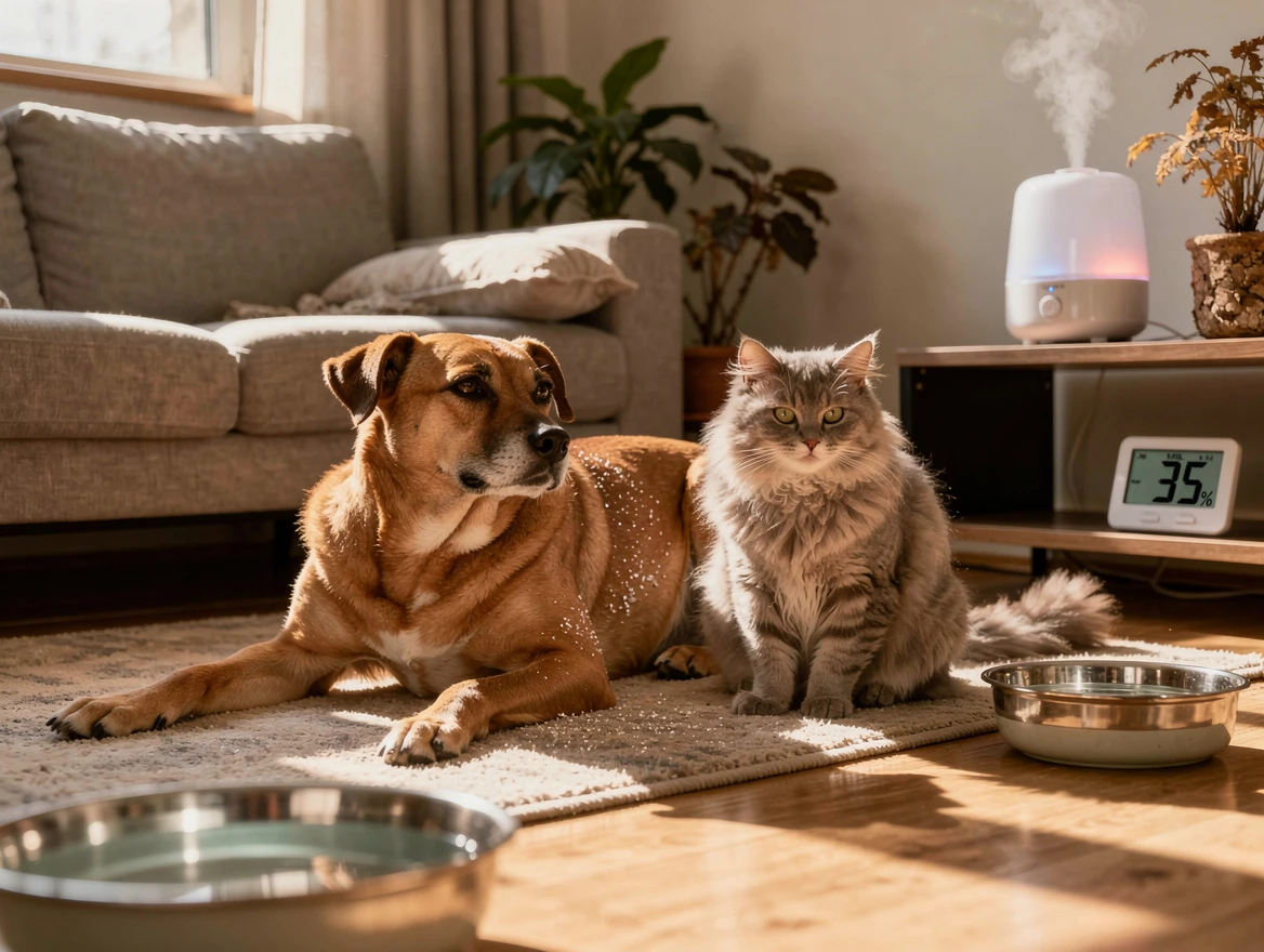 Dog and cat in a dry apartment with a humidifier running nearby showing environmental factors that cause dry skin and dandruff