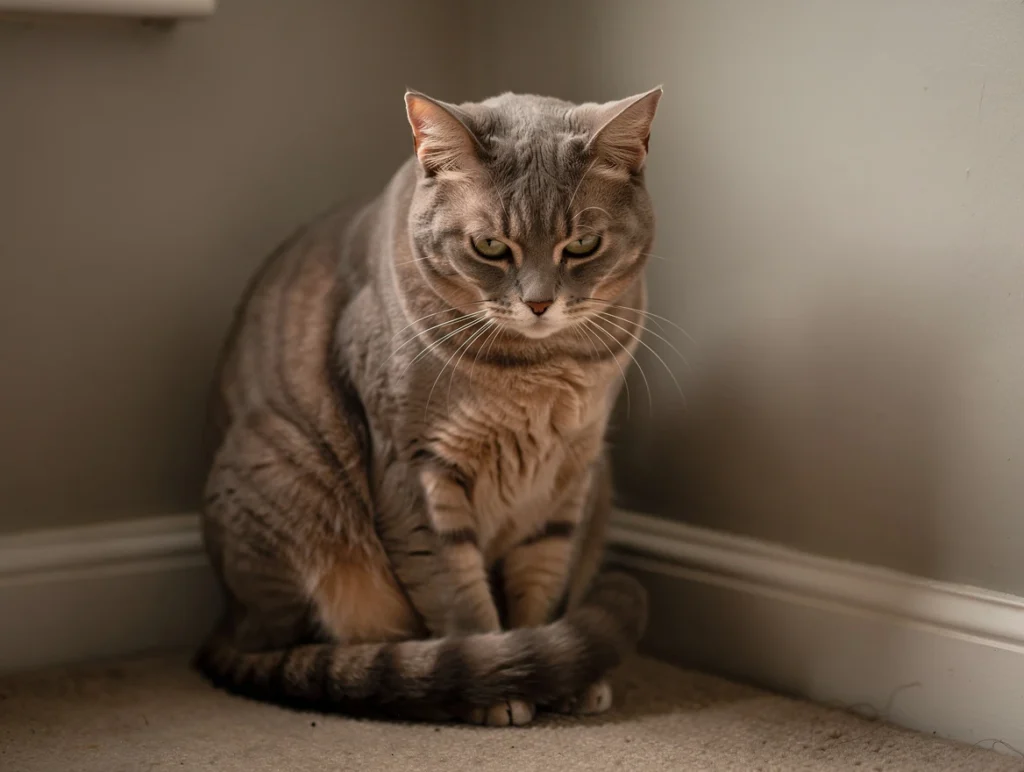 A stressed or anxious cat exhibiting a tense posture with narrow eyes and ears back, sitting alone in a quiet corner of the home, clearly requesting space, with soft lighting to emphasize mood.