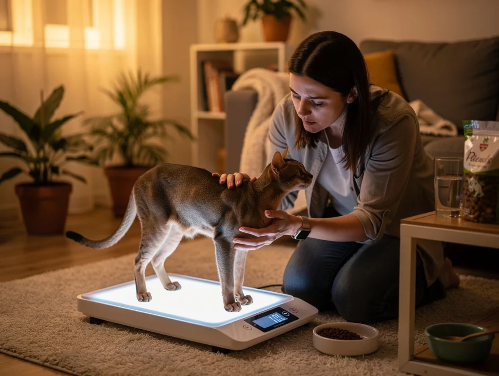 Pet owner weighing cat at home highlighting unexplained weight loss despite good appetite