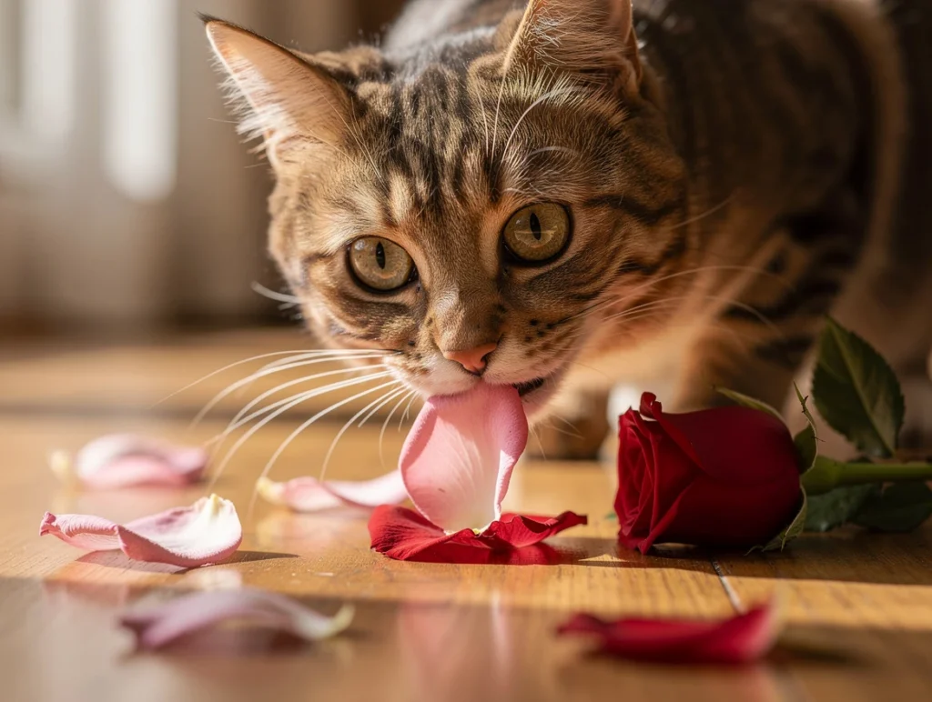A close-up image of a cat nibbling gently on a rose petal on the floor
Are Roses Toxic to Cats?