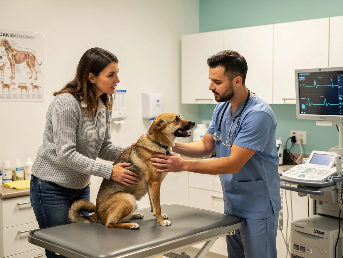 Veterinarian examining dog in clinic with concerned owner present