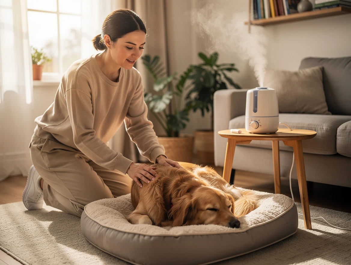 Cozy home environment showing a dog resting near a humidifier with a calm owner providing gentle care