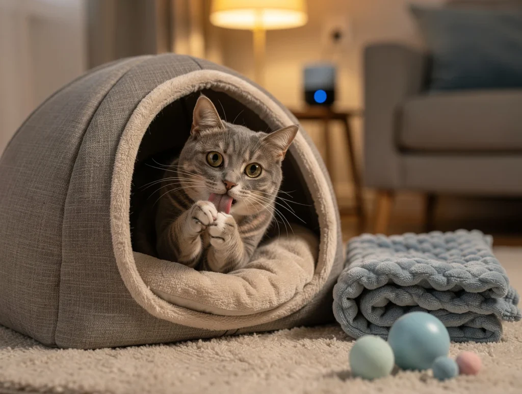 A calm and serene setting showcasing a stressed cat self-soothing by licking itself, with a cozy hideaway area, pheromone diffuser, and calming elements around, depicting anxiety relief and supportive care. why does my cat lick me