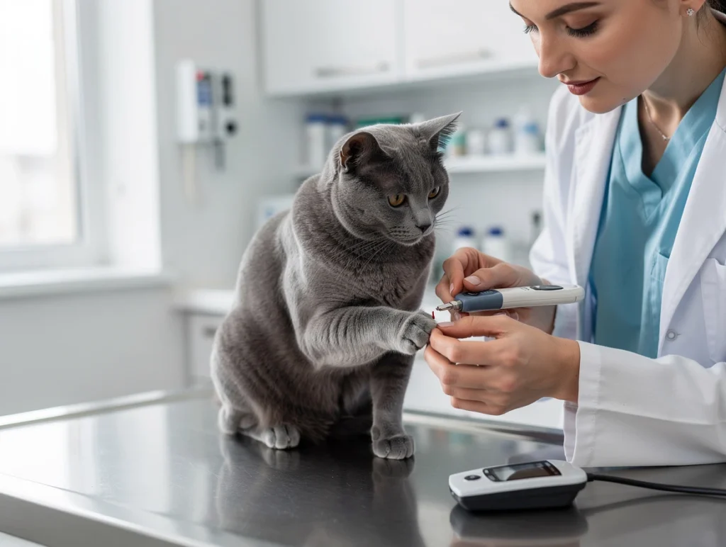 Vet performing blood glucose test on a calm cat during diagnostic exam