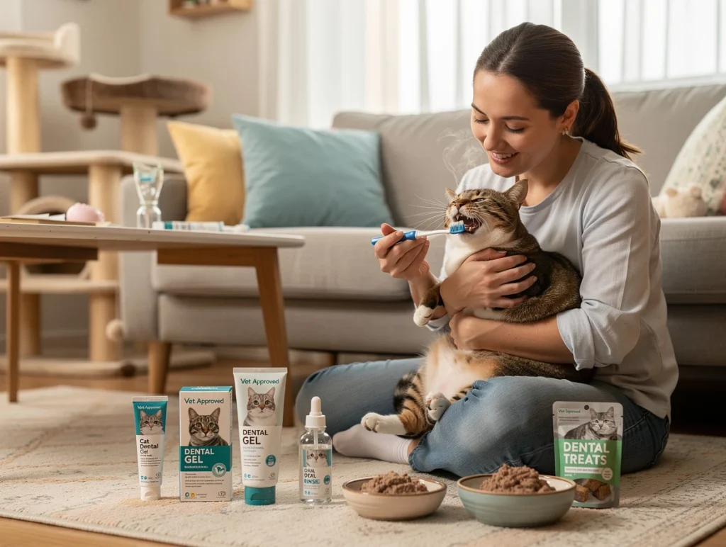 A warm, family-friendly scene showing a cat owner brushing their cat’s teeth with vet-approved toothbrushes and soft cat food bowls