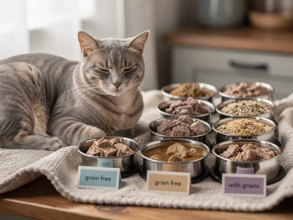 Content cat resting near bowls of grain free and grain-inclusive wet cat food showing balanced diet