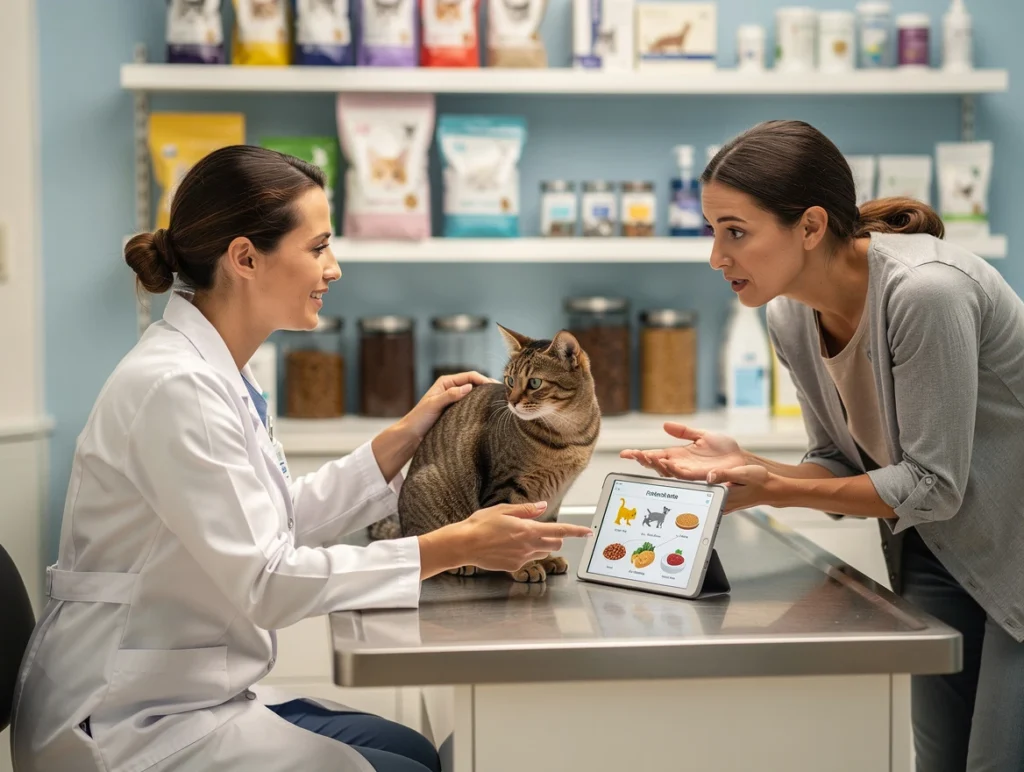 Veterinarian examining cat with cat owner in clinic, emphasizing expert feline nutrition care