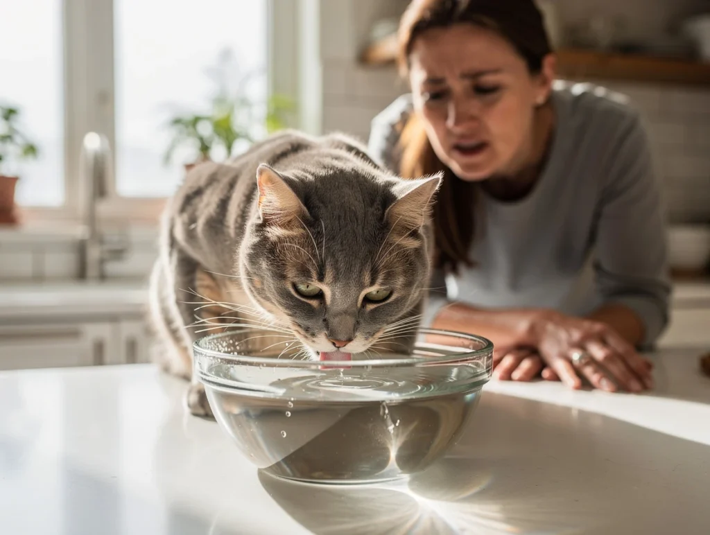Domestic cat drinking water from a clear bowl showing increased thirst cat Early Cat Diabetes Symptoms