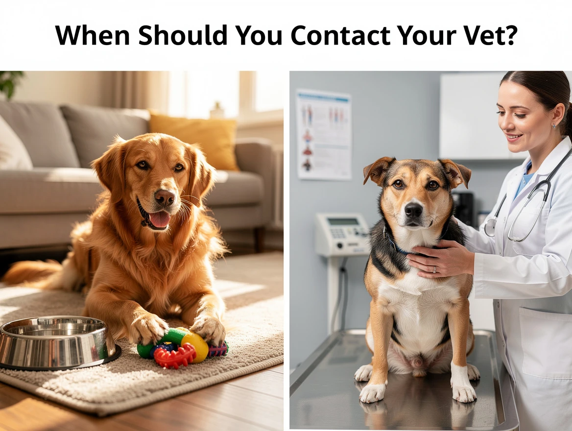 Split scene showing happy hydrated dog playing and dog being examined by vet in clinic