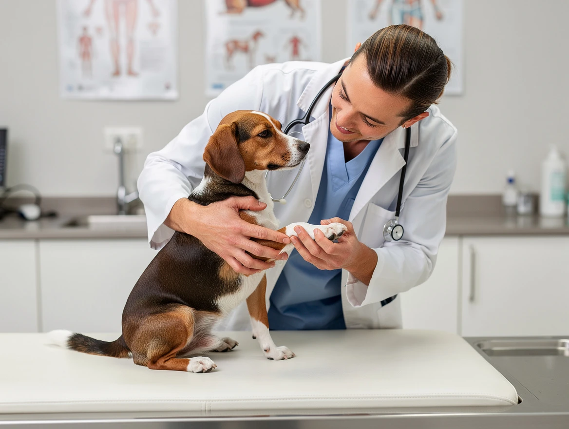 Professional veterinarian carefully inspecting a dog's paw in a modern clinic