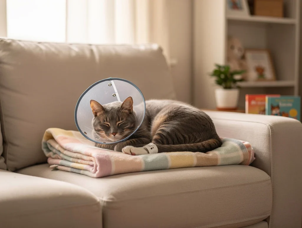 Cat wearing an Elizabethan collar resting peacefully inside a calm, clean home environment illustrating treatment and recovery