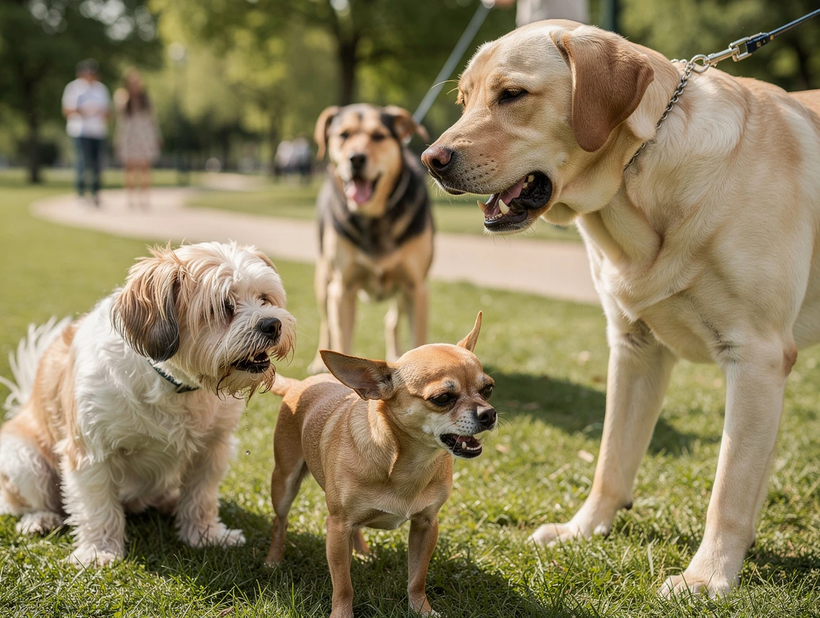 Various dogs including small and large breeds exhibiting different cough postures in an outdoor park setting