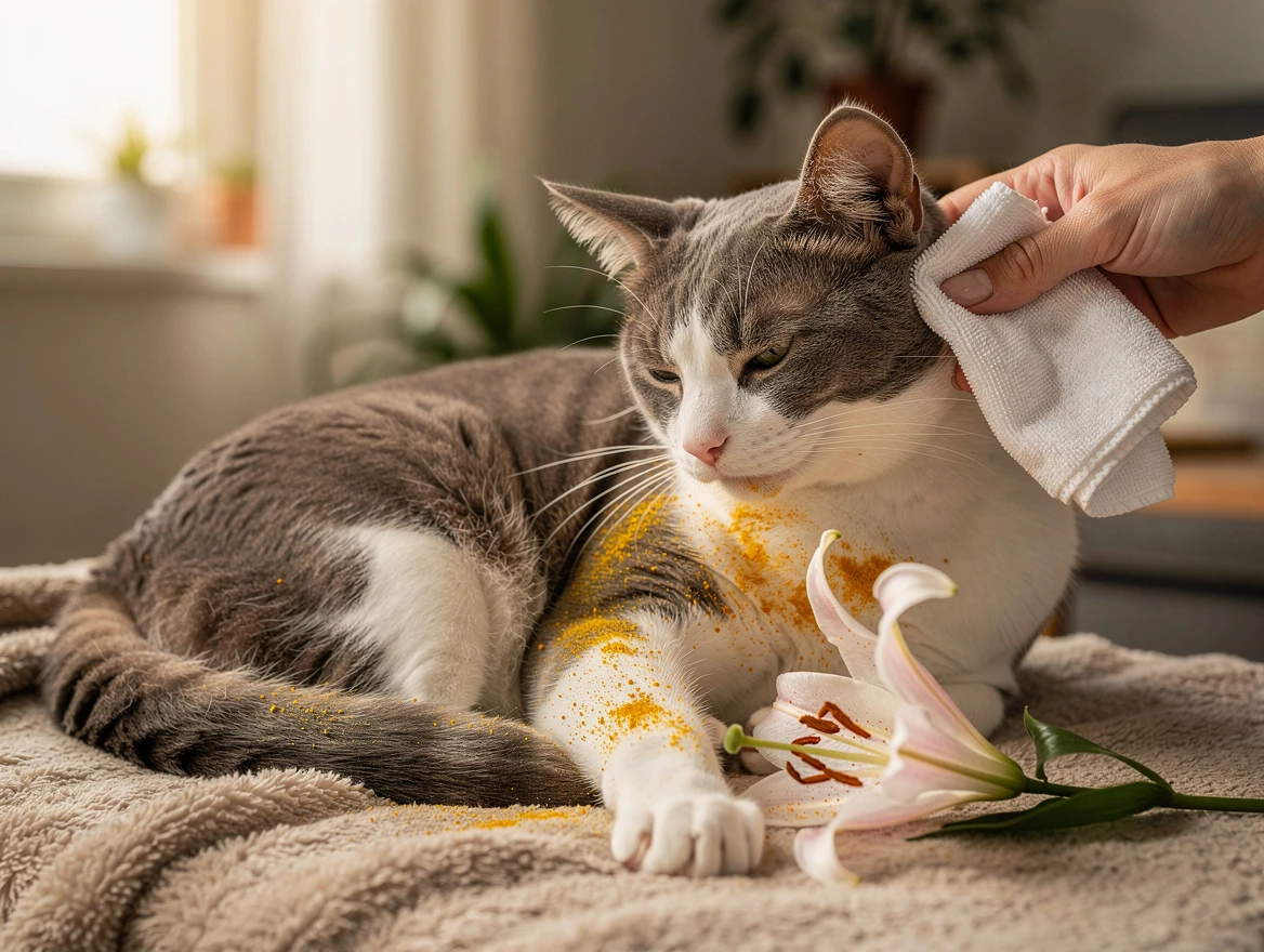Cat with lily pollen on fur being gently cleaned with damp cloth to prevent ingestion